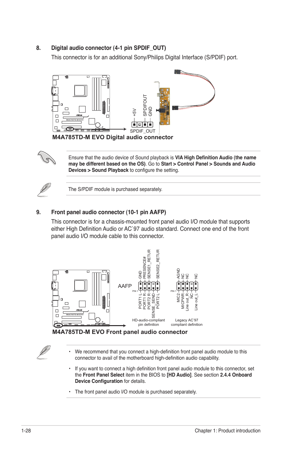 M4a785td-m evo digital audio connector, M4a785td-m evo front panel audio connector | Asus M4A785TD-M EVO User Manual | Page 40 / 64