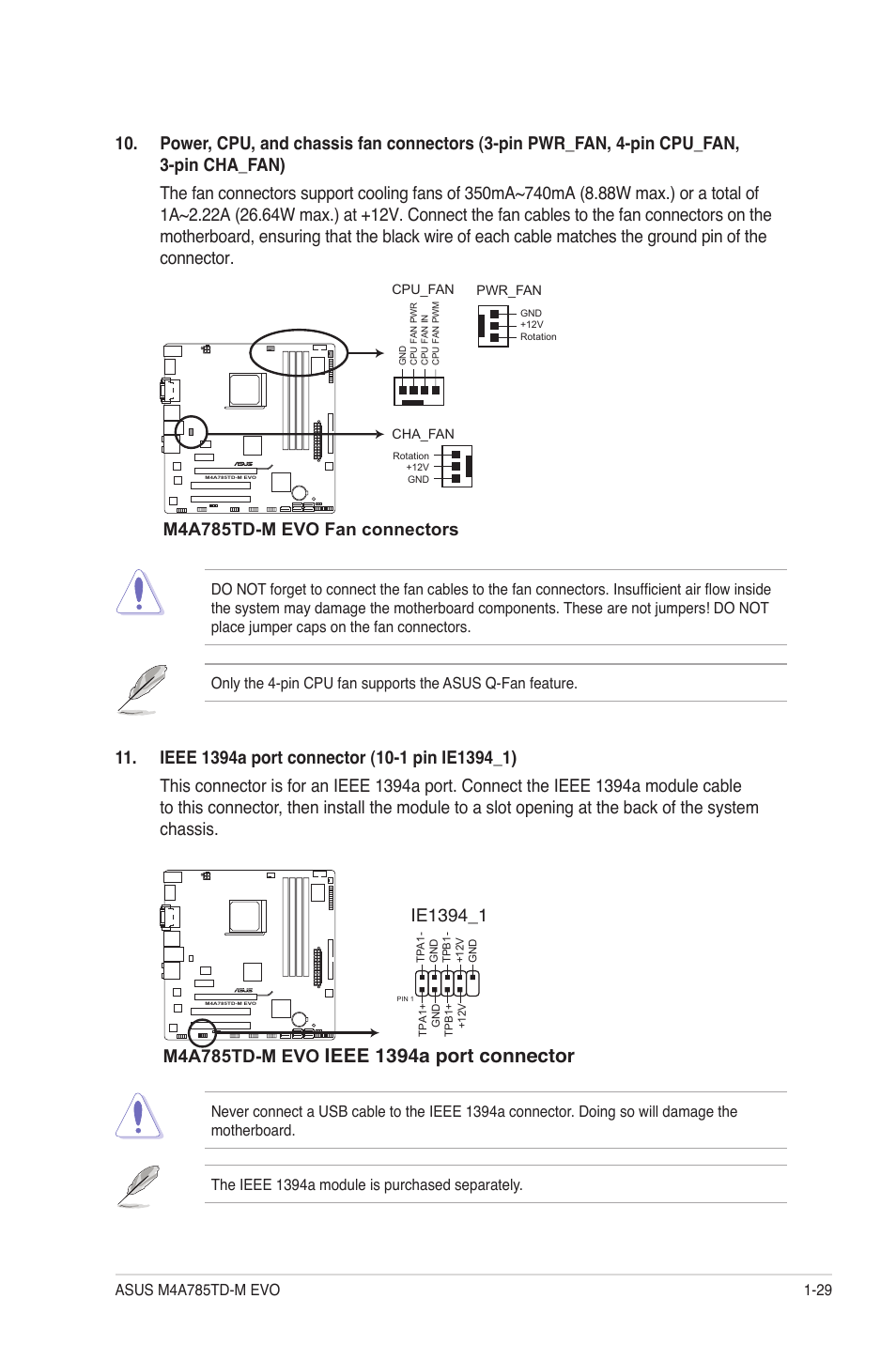 Ieee 1394a port connector, M4a785td-m evo fan connectors | Asus M4A785TD-M EVO User Manual | Page 41 / 64