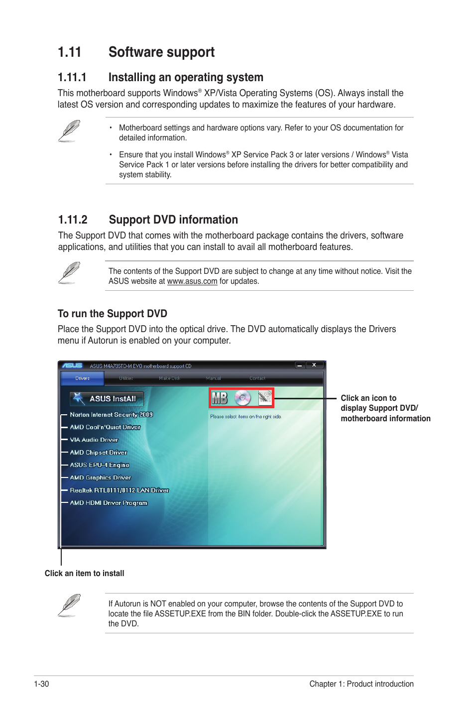 11 software support, 1 installing an operating system, 2 support dvd information | 11 software support -30 | Asus M4A785TD-M EVO User Manual | Page 42 / 64