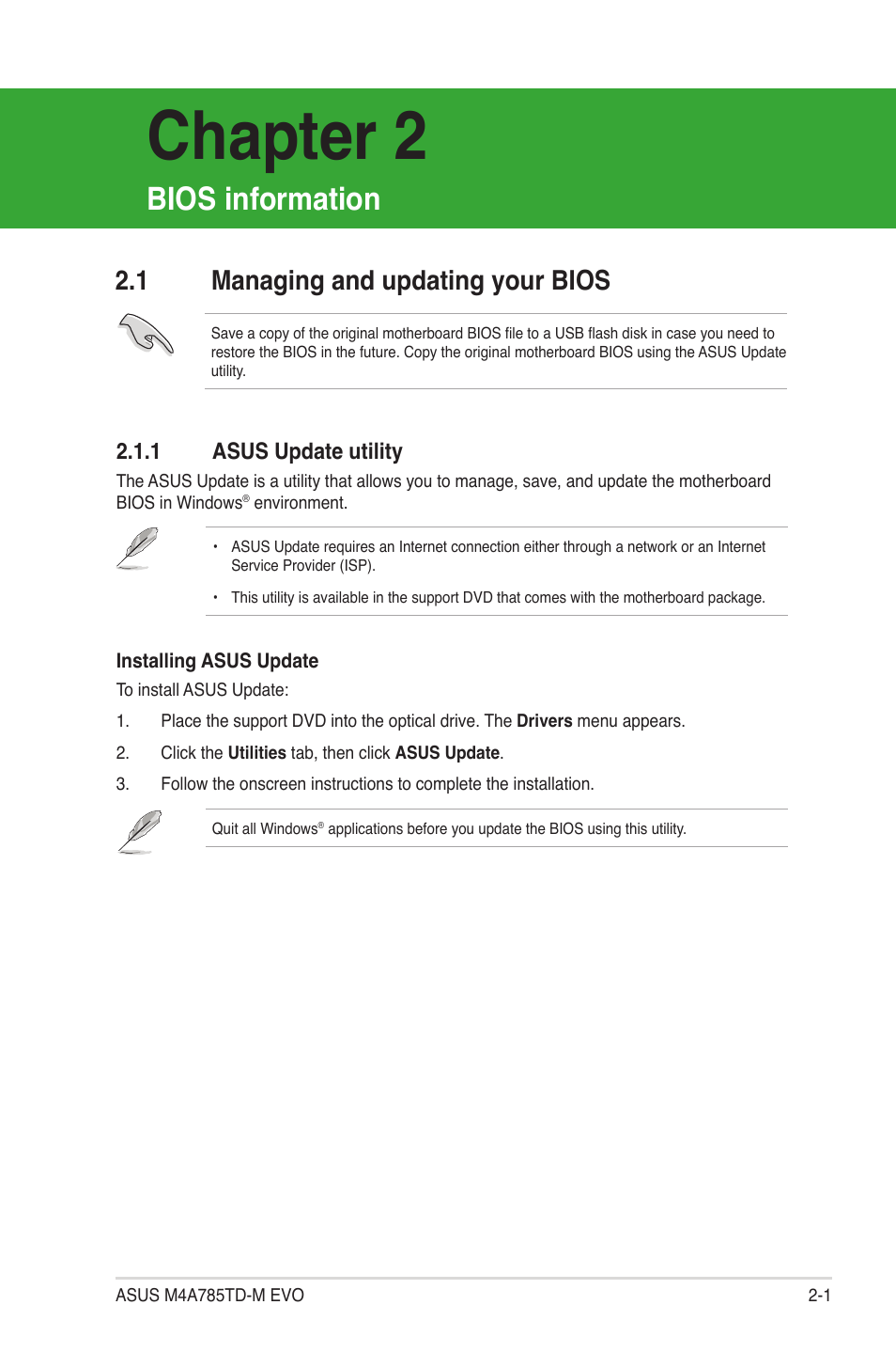 Chapter 2: bios information, 1 managing and updating your bios, 1 asus update utility | Bios information, Managing and updating your bios -1 2.1.1, Asus update utility -1, Chapter 2 | Asus M4A785TD-M EVO User Manual | Page 43 / 64