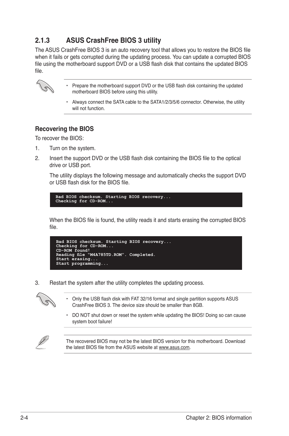 3 asus crashfree bios 3 utility, Asus crashfree bios 3 utility -4, Recovering the bios | Asus M4A785TD-M EVO User Manual | Page 46 / 64