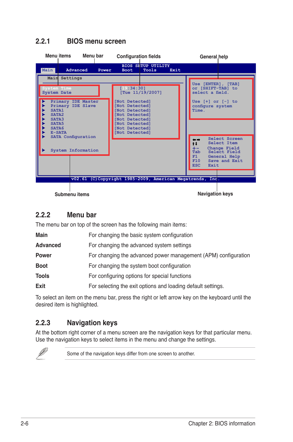 1 bios menu screen, 2 menu bar, 3 navigation keys | Bios menu screen -6, Menu bar -6, Navigation keys -6, 1 bios menu screen 2.2.2 menu bar | Asus M4A785TD-M EVO User Manual | Page 48 / 64