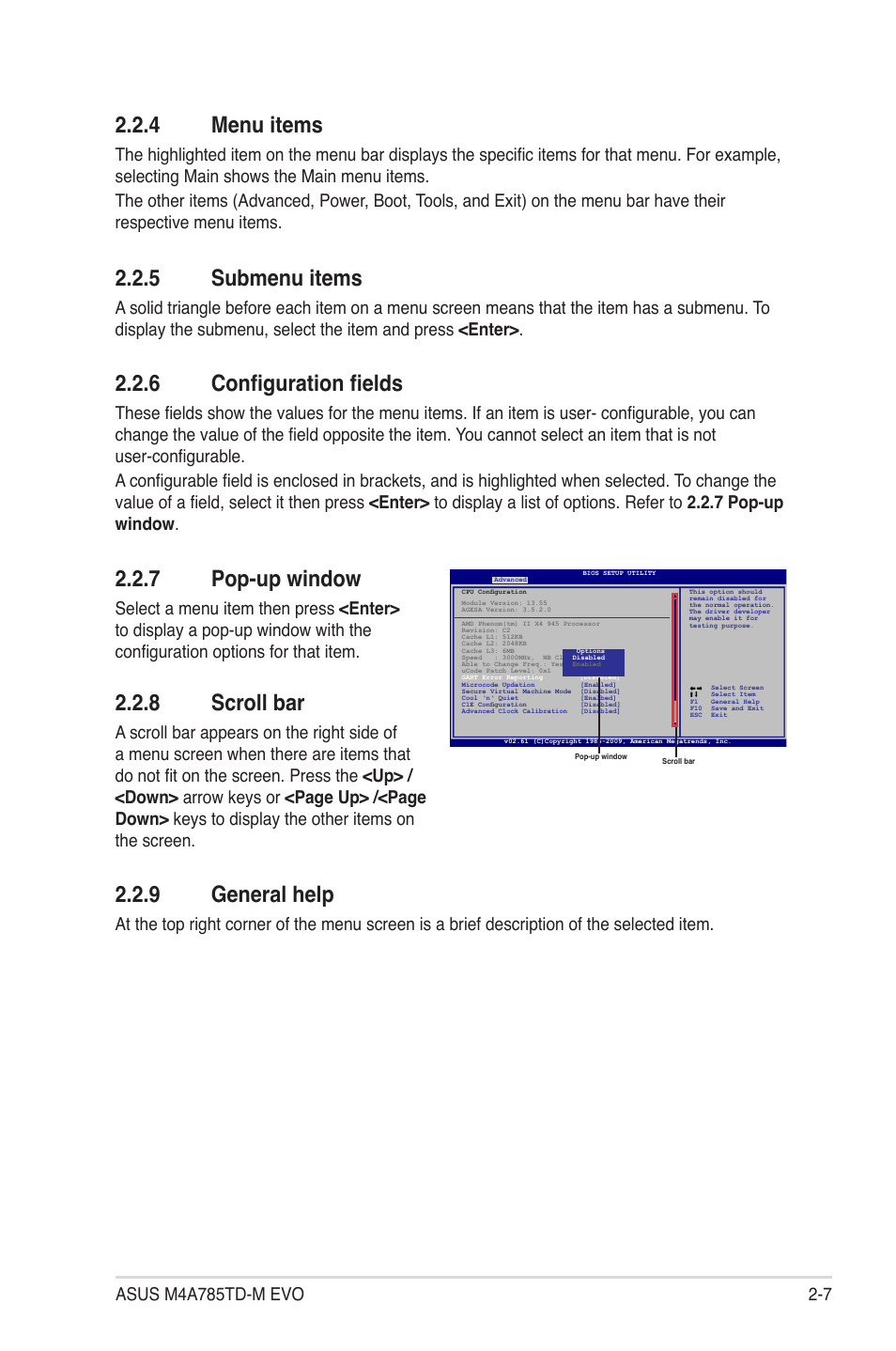 4 menu items, 5 submenu items, 6 configuration fields | 7 pop-up window, 8 scroll bar, 9 general help, Menu items -7, Submenu items -7, Configuration fields -7, Pop-up window -7 | Asus M4A785TD-M EVO User Manual | Page 49 / 64