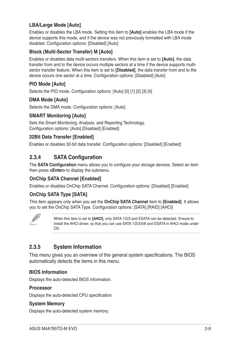 4 sata configuration, 5 system information, Sata configuration -9 | System information -9 | Asus M4A785TD-M EVO User Manual | Page 51 / 64