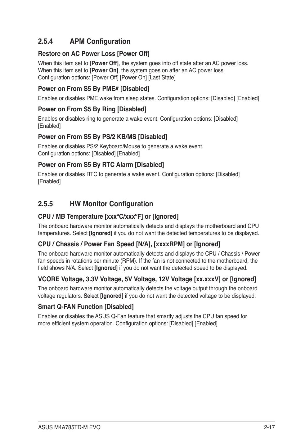 4 apm configuration, 5 hw monitor configuration, Apm configuration -17 | Hw monitor configuration -17 | Asus M4A785TD-M EVO User Manual | Page 59 / 64