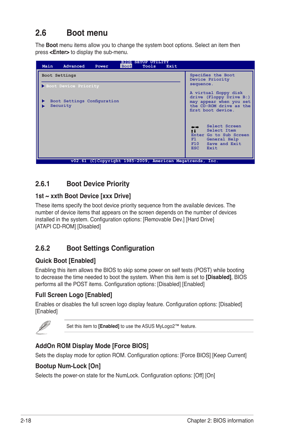 6 boot menu, 1 boot device priority, 2 boot settings configuration | Boot menu -18 2.6.1, Boot device priority -18, Boot settings configuration -18 | Asus M4A785TD-M EVO User Manual | Page 60 / 64