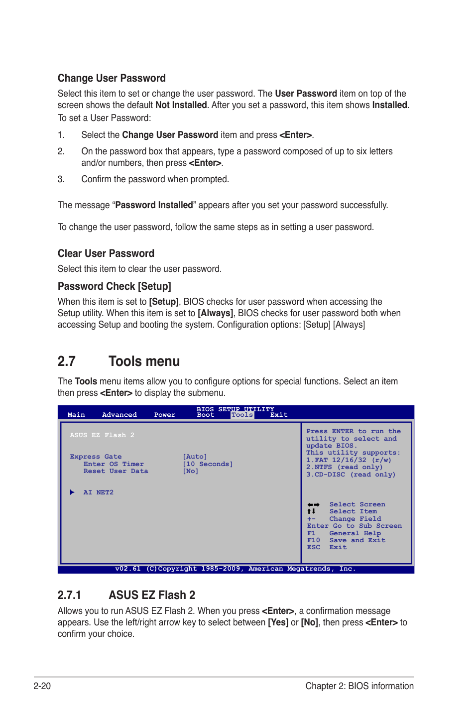 7 tools menu, 1 asus ez flash 2, Tools menu -20 2.7.1 | Asus ez flash 2 -20, Change user password, Clear user password, Password check [setup | Asus M4A785TD-M EVO User Manual | Page 62 / 64