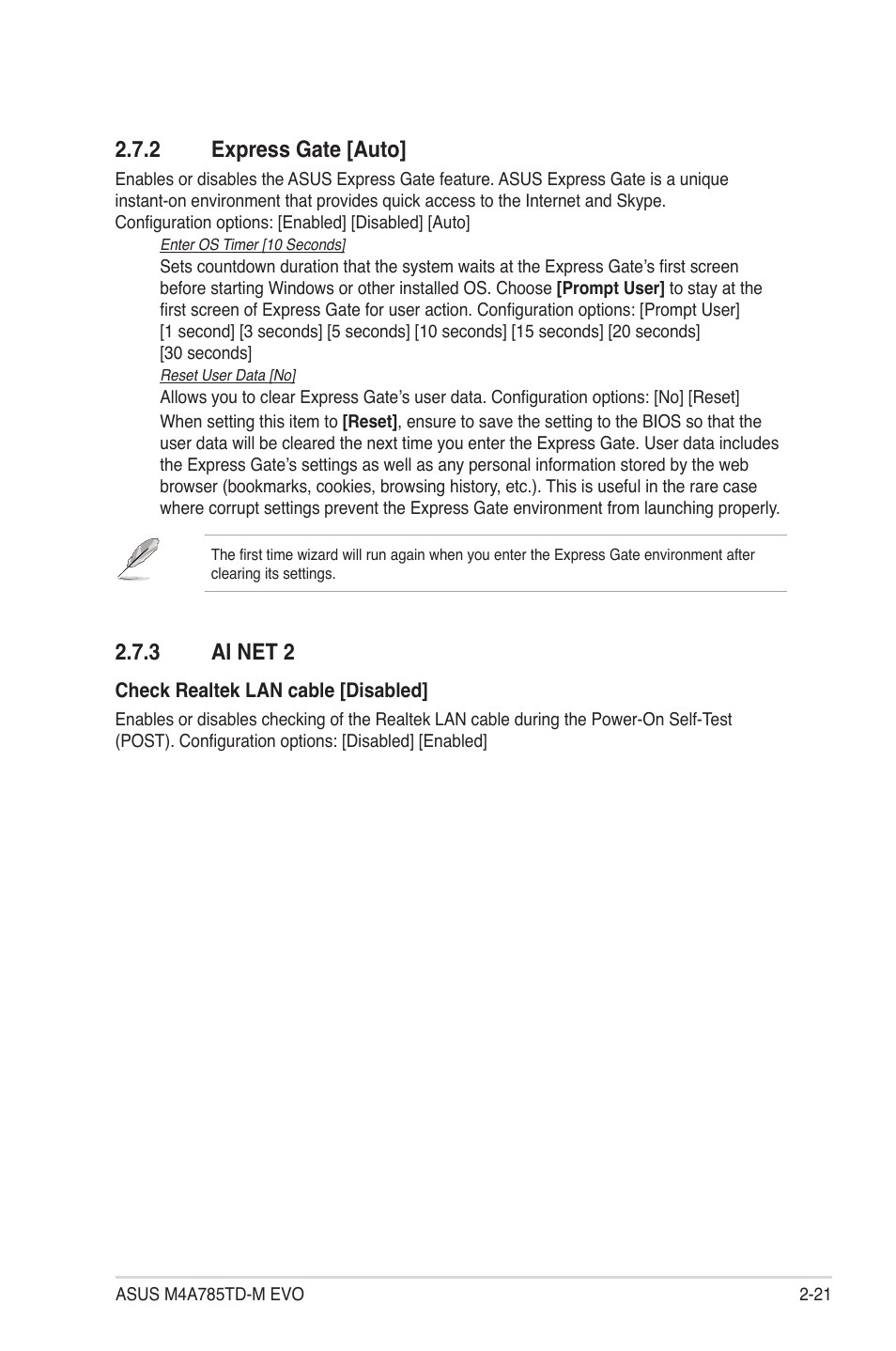 2 express gate, 3 ai net 2, Express gate -21 | Ai net 2 -21, 2 express gate [auto | Asus M4A785TD-M EVO User Manual | Page 63 / 64