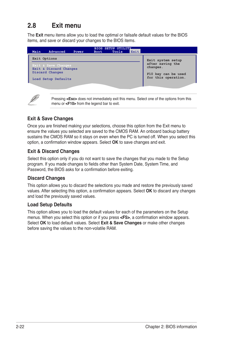 8 exit menu, Exit menu -22, Exit & discard changes | Discard changes, Load setup defaults, Exit & save changes | Asus M4A785TD-M EVO User Manual | Page 64 / 64