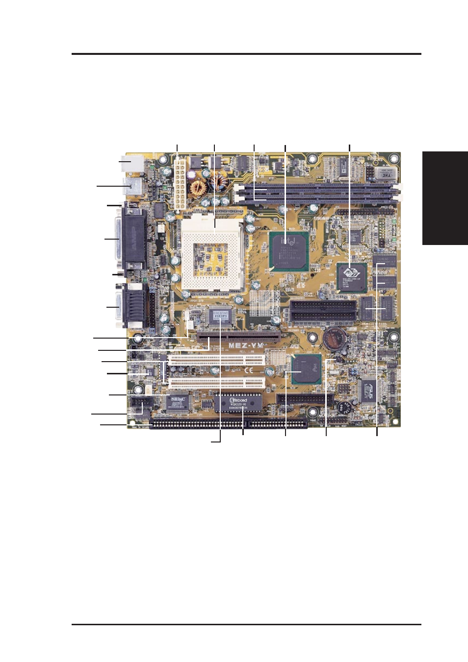 Ii. features, Parts of the asus mez-vm motherboard, Asus mez-vm user’s manual 11 | Ii. fea tures motherboard parts | Asus MEZ-VM User Manual | Page 11 / 80