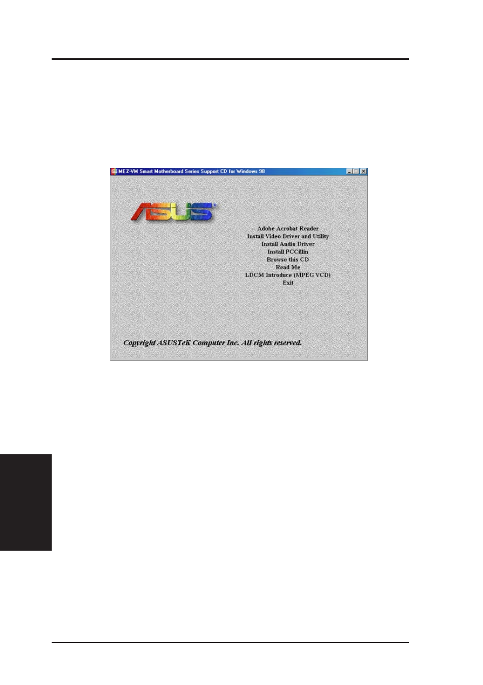 V. software setup, Mez-vm support cd, Support cd autorun menu | Asus MEZ-VM User Manual | Page 60 / 80