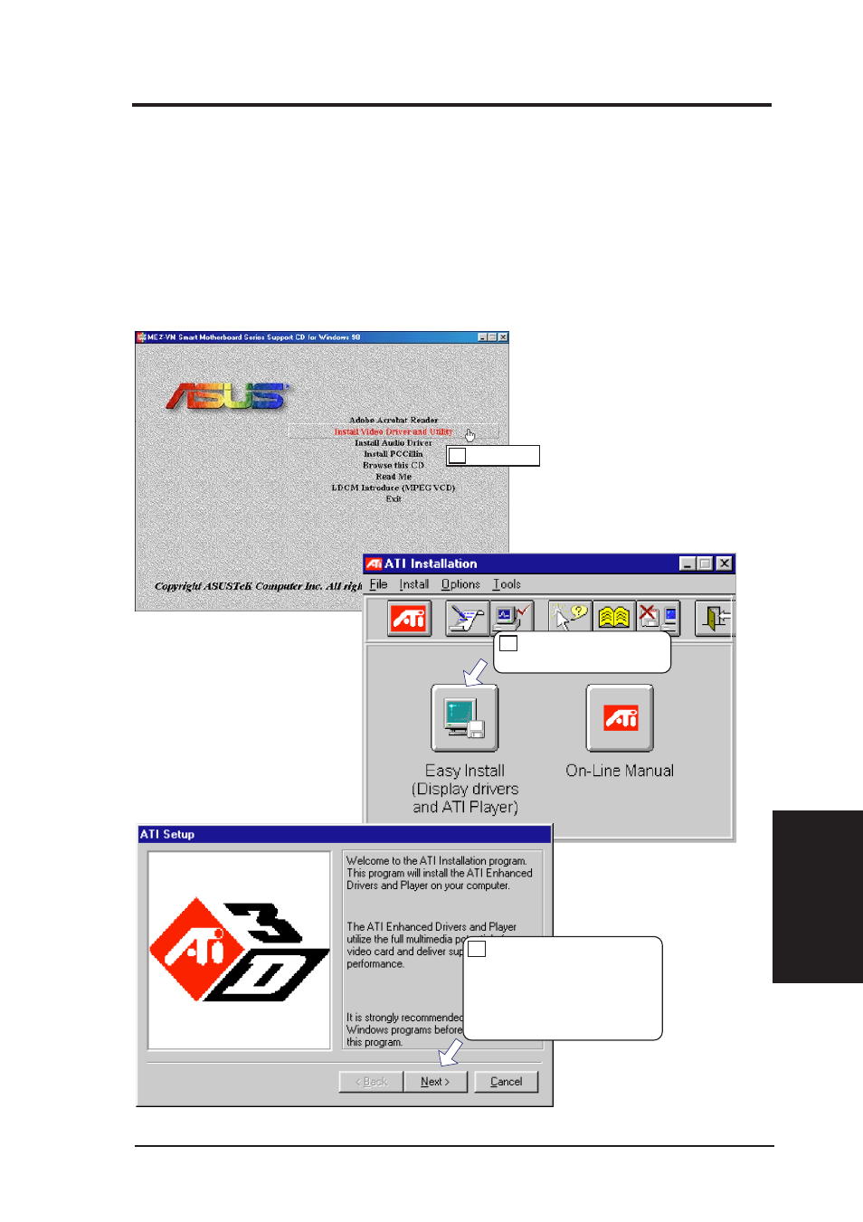 V. software setup, Installing the video driver and utility | Asus MEZ-VM User Manual | Page 61 / 80