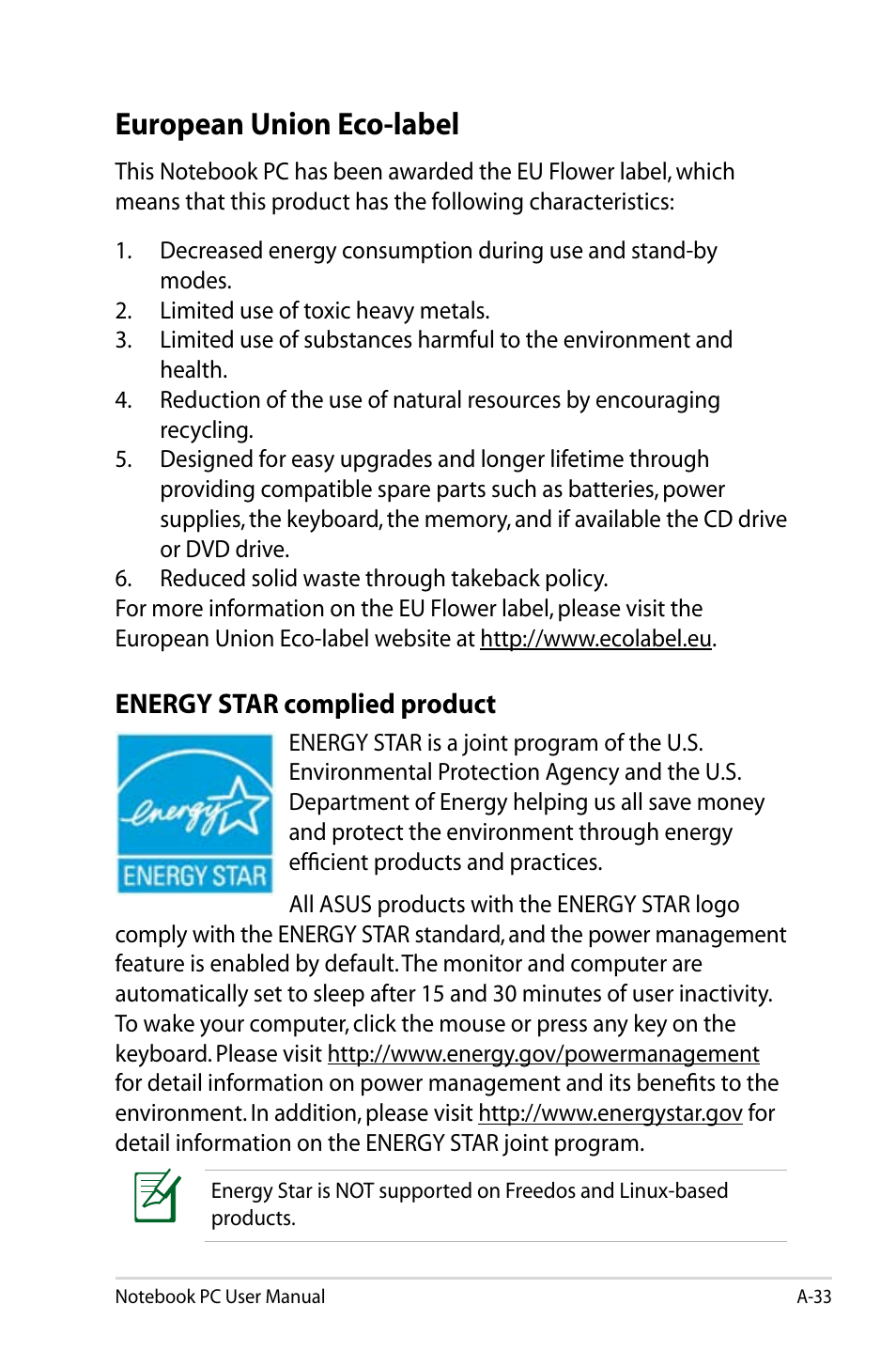 European union eco-label, Energy star complied product | Asus U47VC User Manual | Page 103 / 108