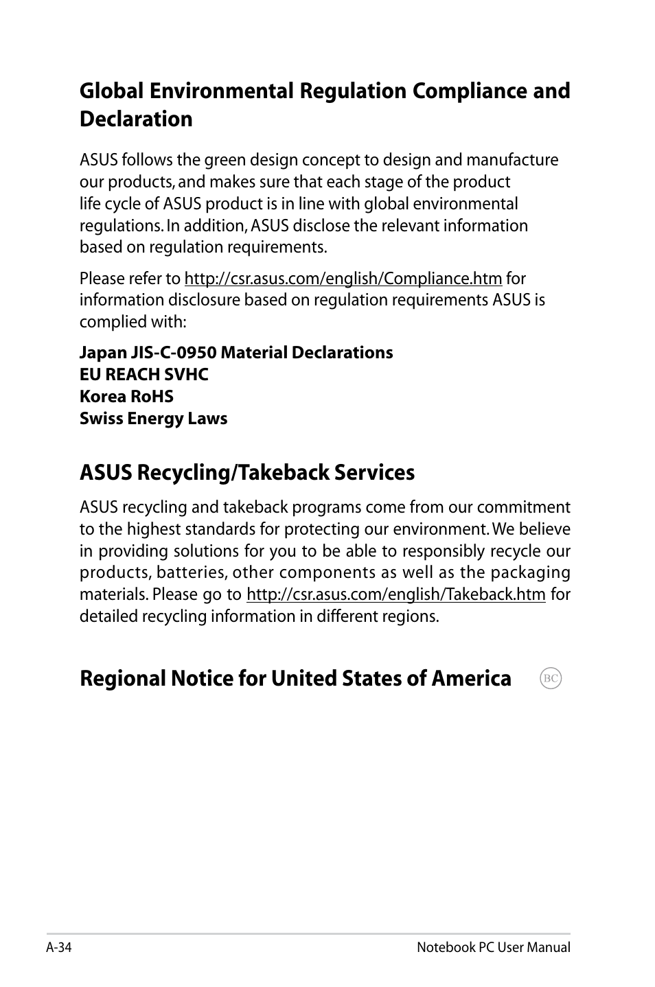 Asus recycling/takeback services, Regional notice for united states of america | Asus U47VC User Manual | Page 104 / 108