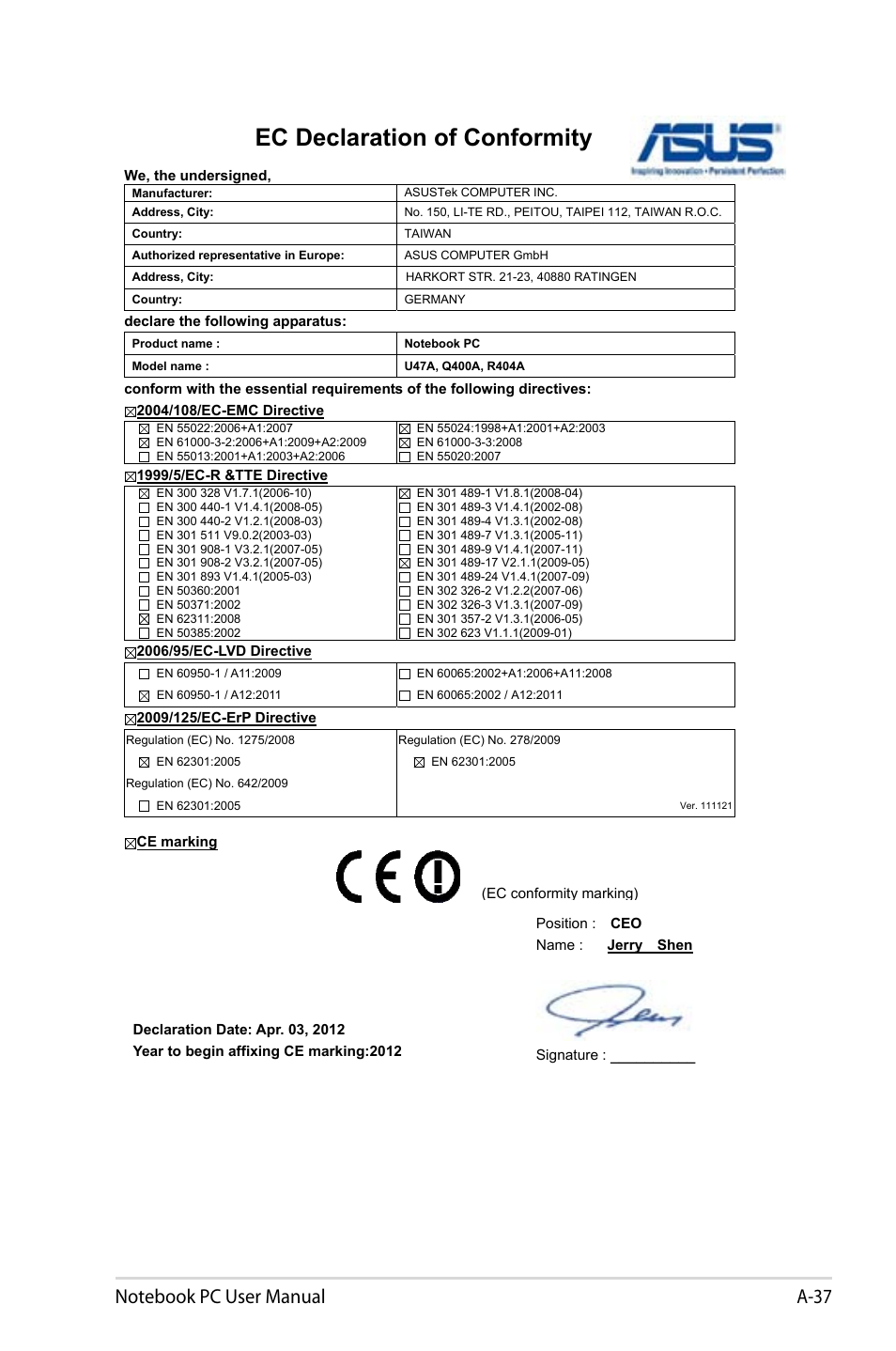 Ec declaration of conformity | Asus U47VC User Manual | Page 107 / 108
