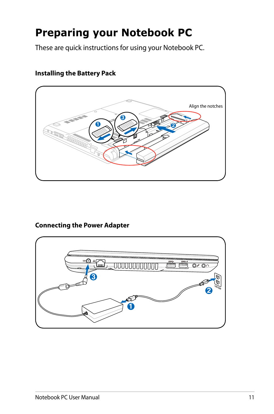 Preparing your notebook pc | Asus U47VC User Manual | Page 11 / 108