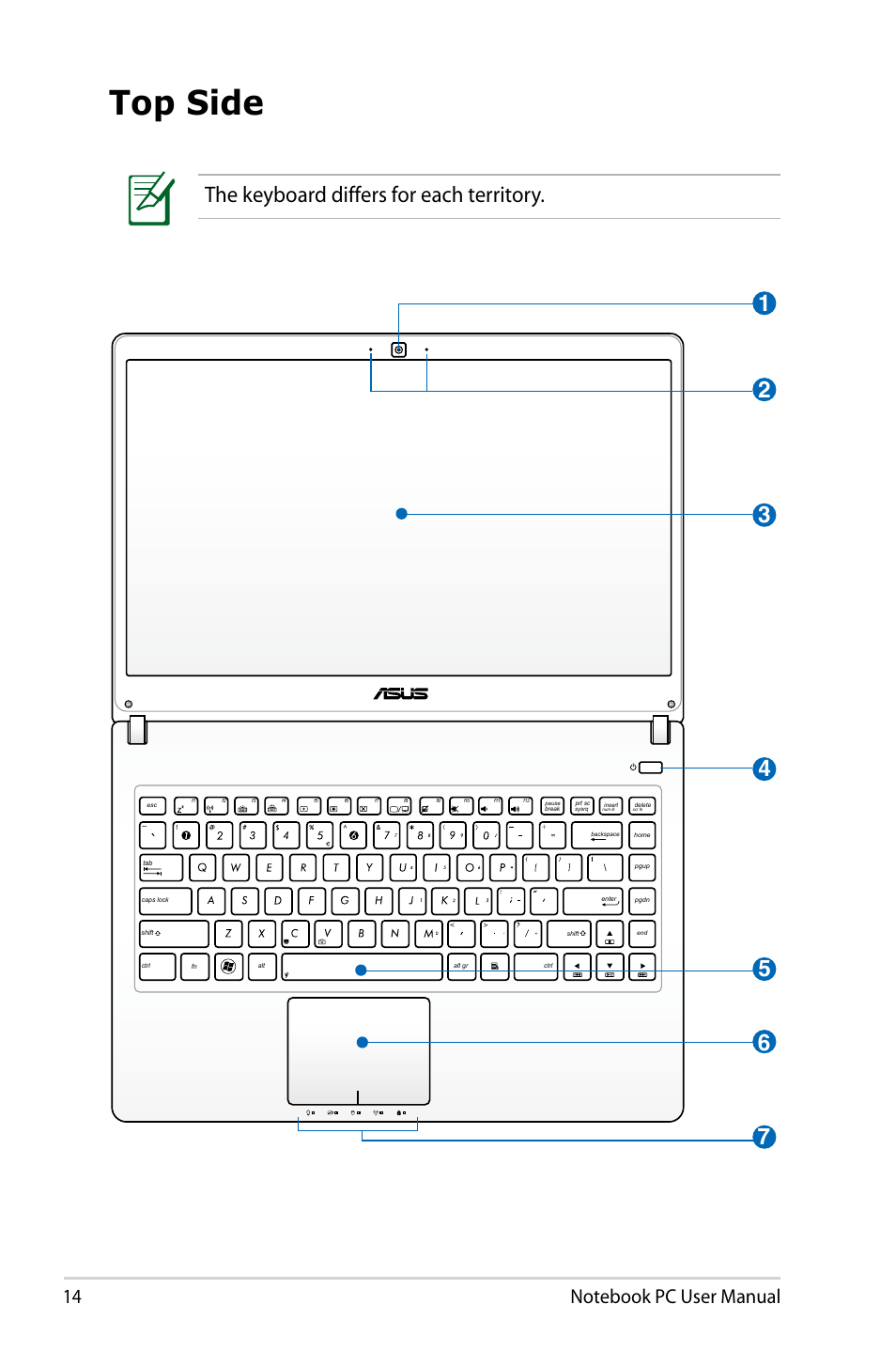 Top side, The keyboard differs for each territory | Asus U47VC User Manual | Page 14 / 108