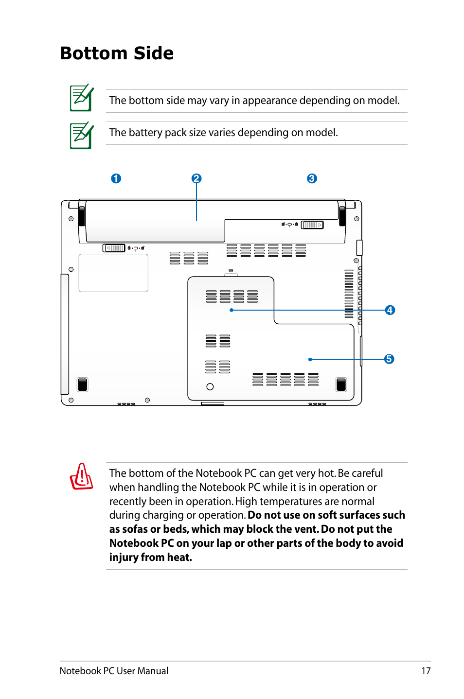 Bottom side | Asus U47VC User Manual | Page 17 / 108