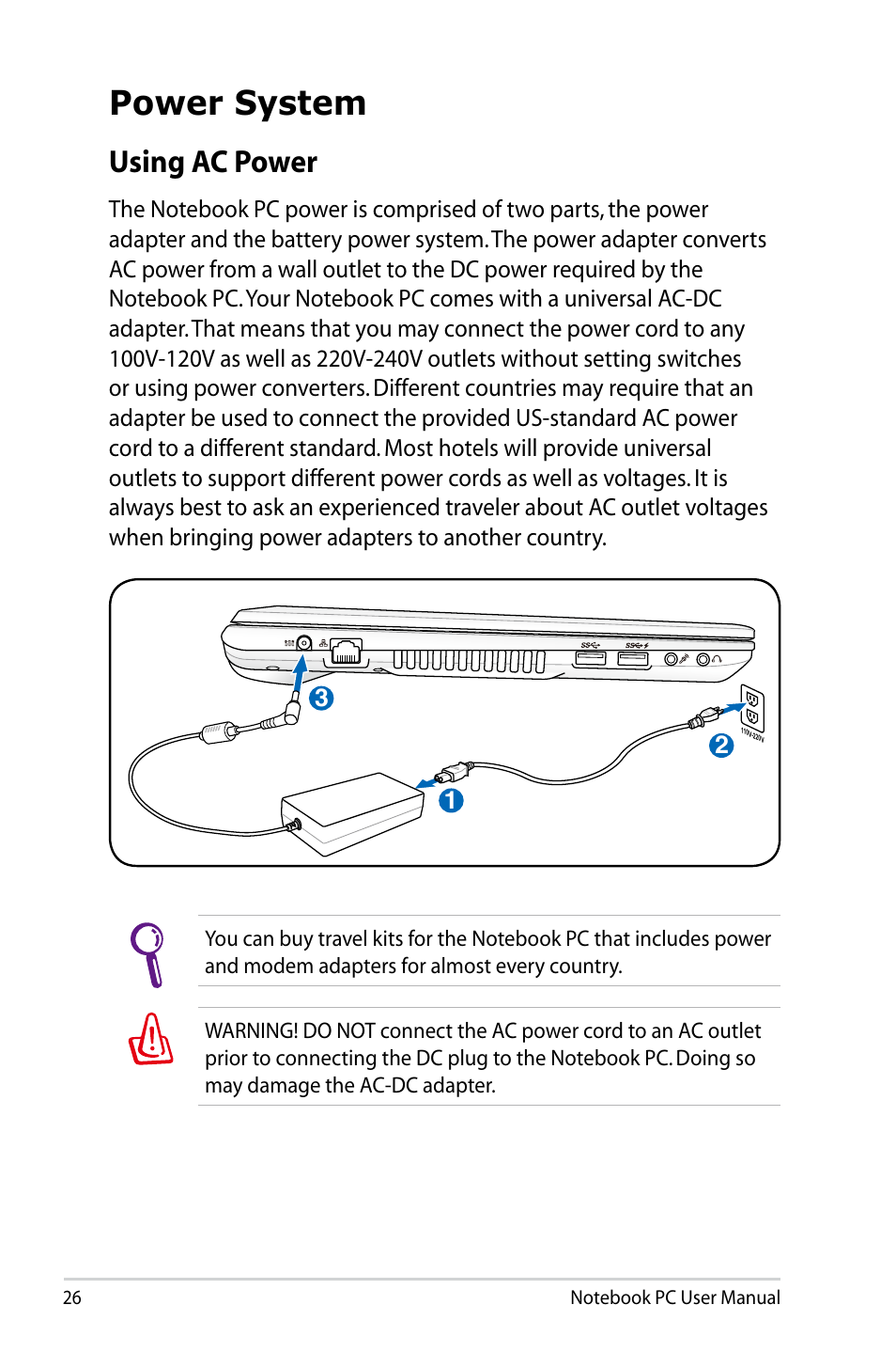 Power system, Using ac power | Asus U47VC User Manual | Page 26 / 108