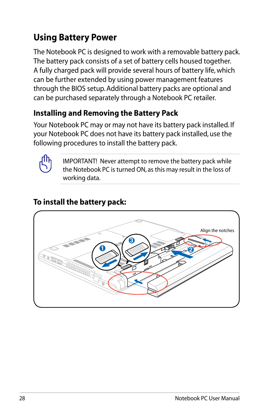 Using battery power, Installing and removing the battery pack | Asus U47VC User Manual | Page 28 / 108