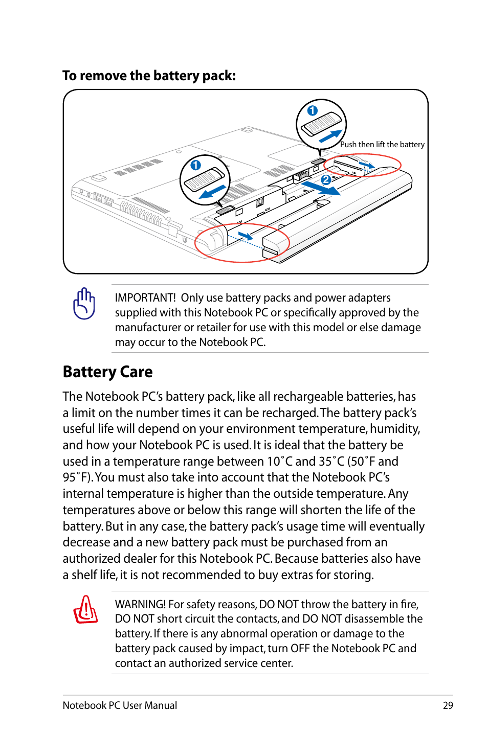 Battery care | Asus U47VC User Manual | Page 29 / 108