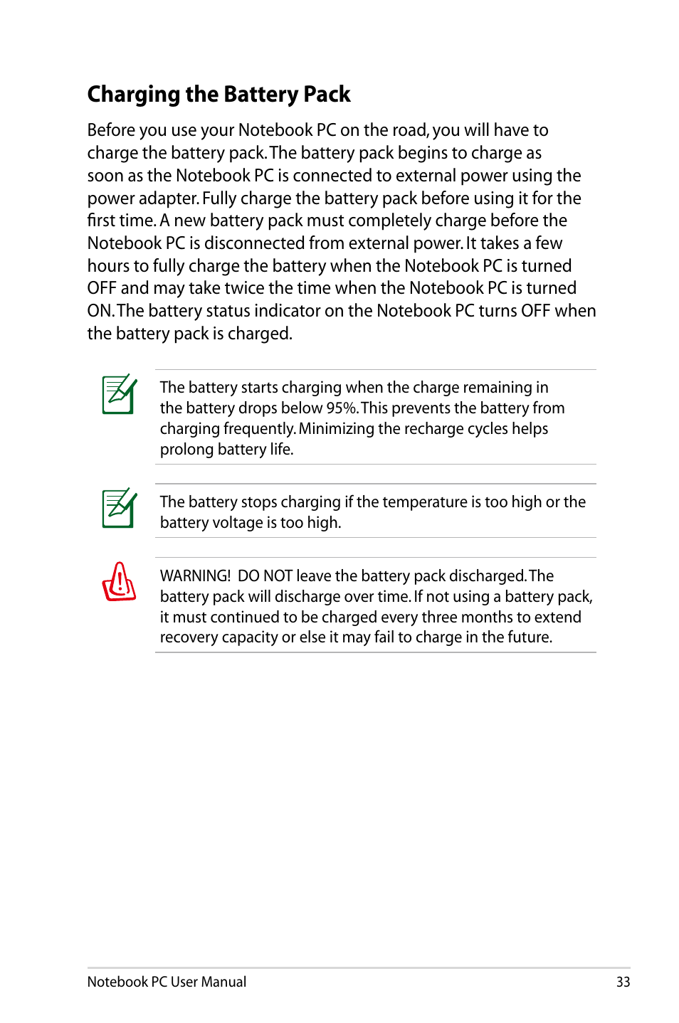 Charging the battery pack | Asus U47VC User Manual | Page 33 / 108