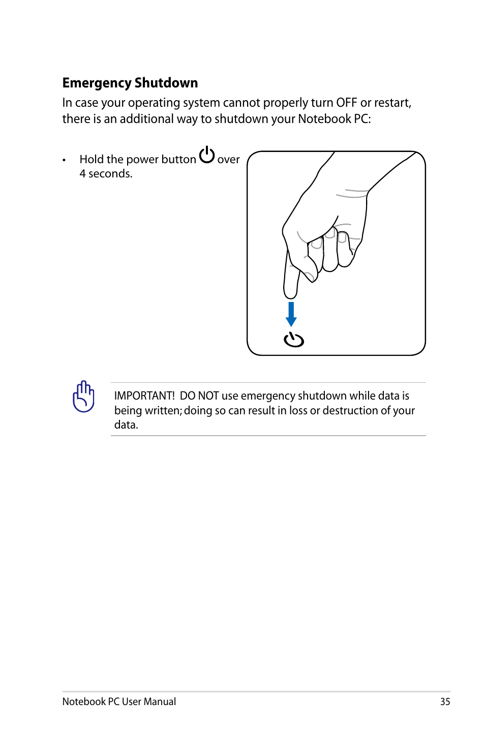 Emergency shutdown | Asus U47VC User Manual | Page 35 / 108