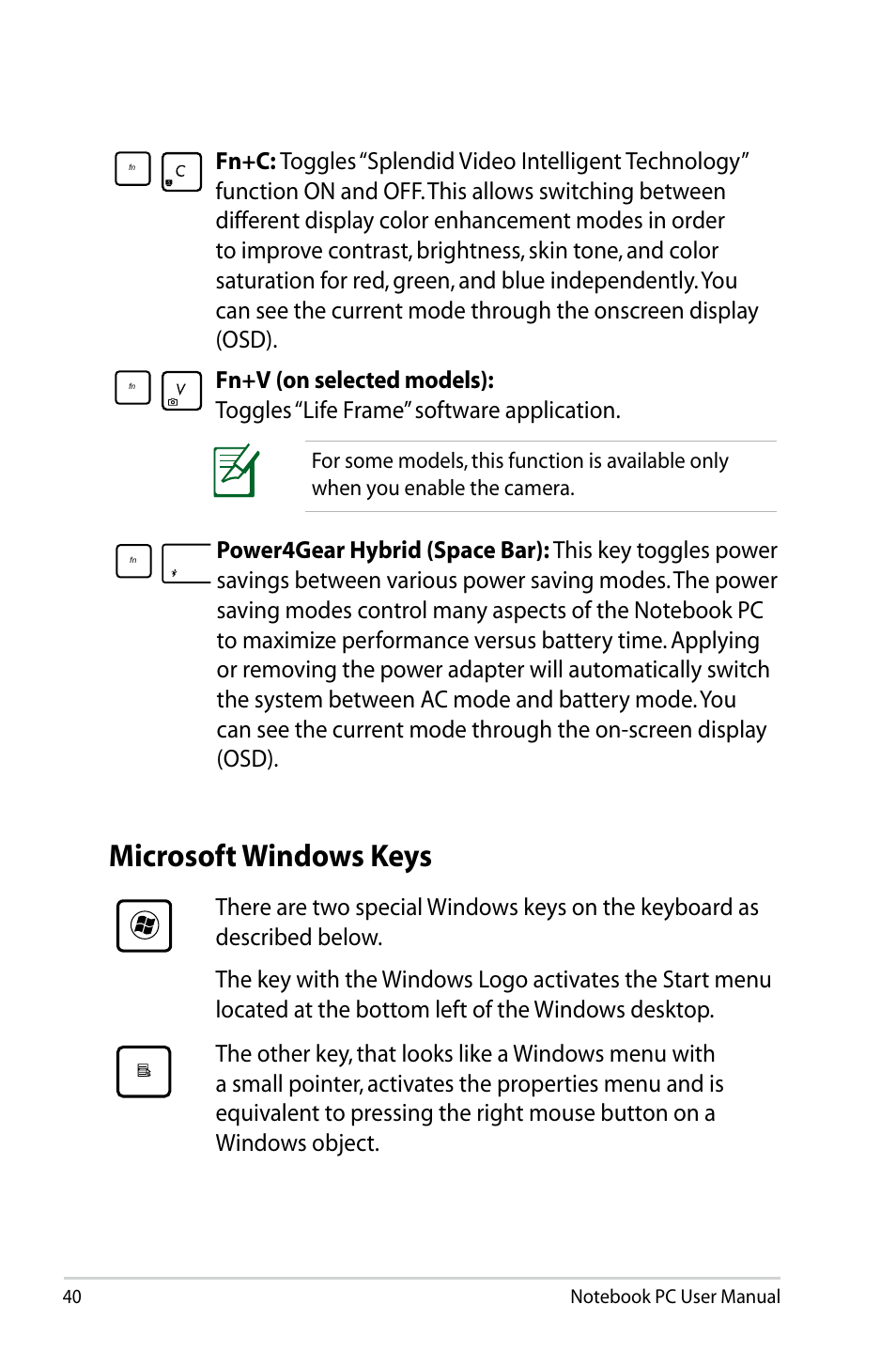 Microsoft windows keys | Asus U47VC User Manual | Page 40 / 108