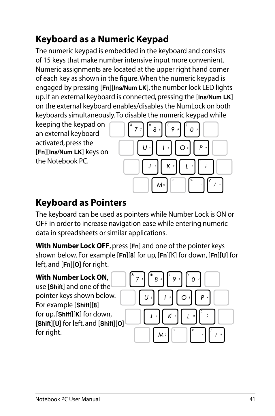 Keyboard as a numeric keypad, Keyboard as pointers | Asus U47VC User Manual | Page 41 / 108