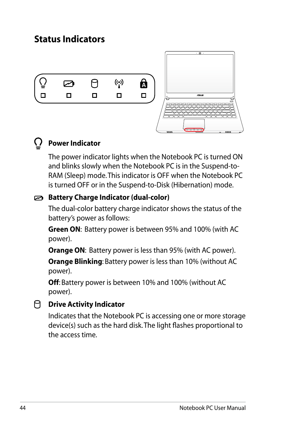 Status indicators | Asus U47VC User Manual | Page 44 / 108