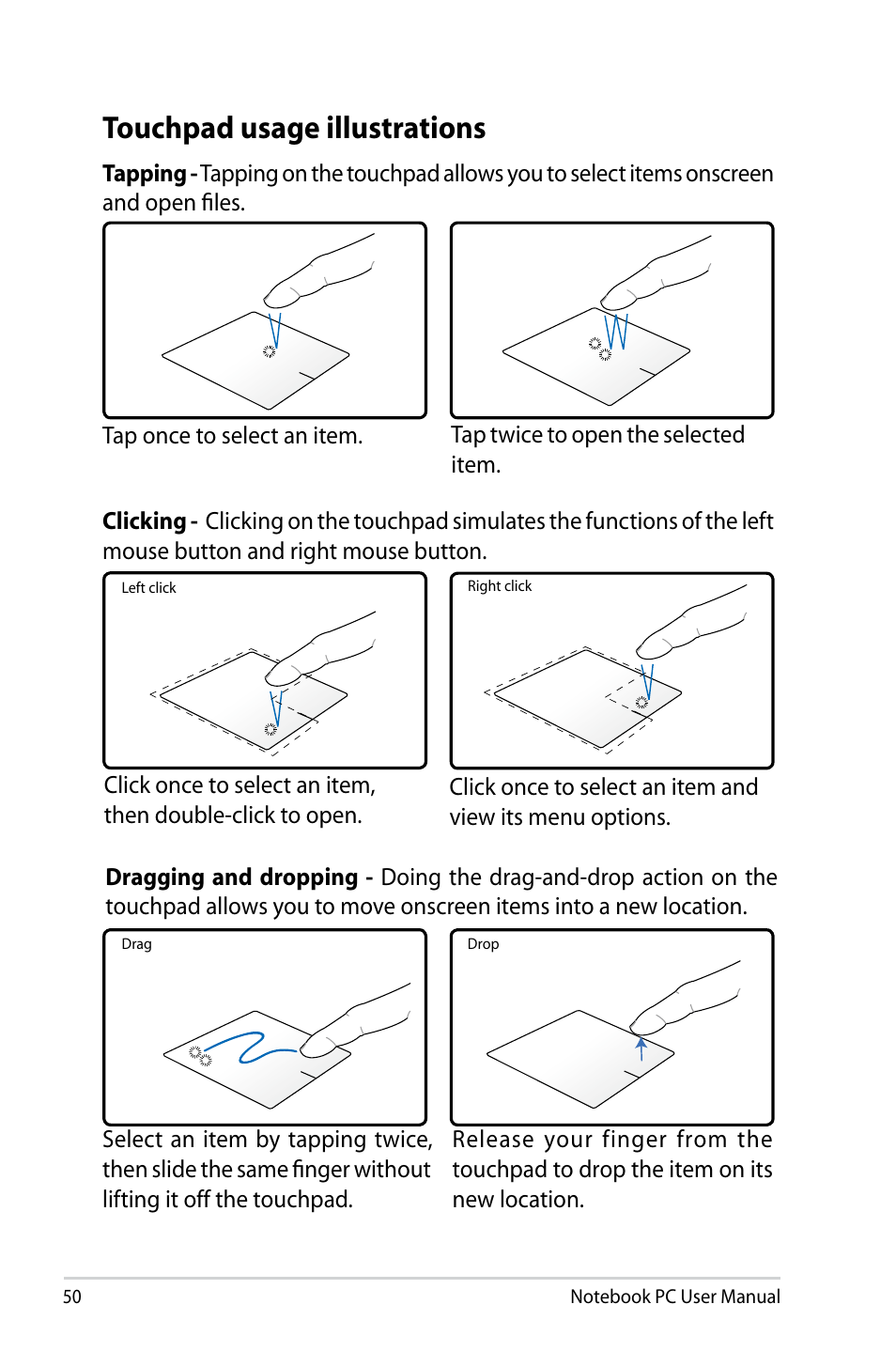 Touchpad usage illustrations | Asus U47VC User Manual | Page 50 / 108