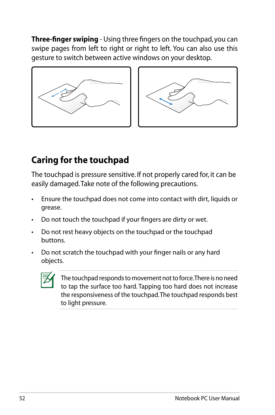 Caring for the touchpad | Asus U47VC User Manual | Page 52 / 108