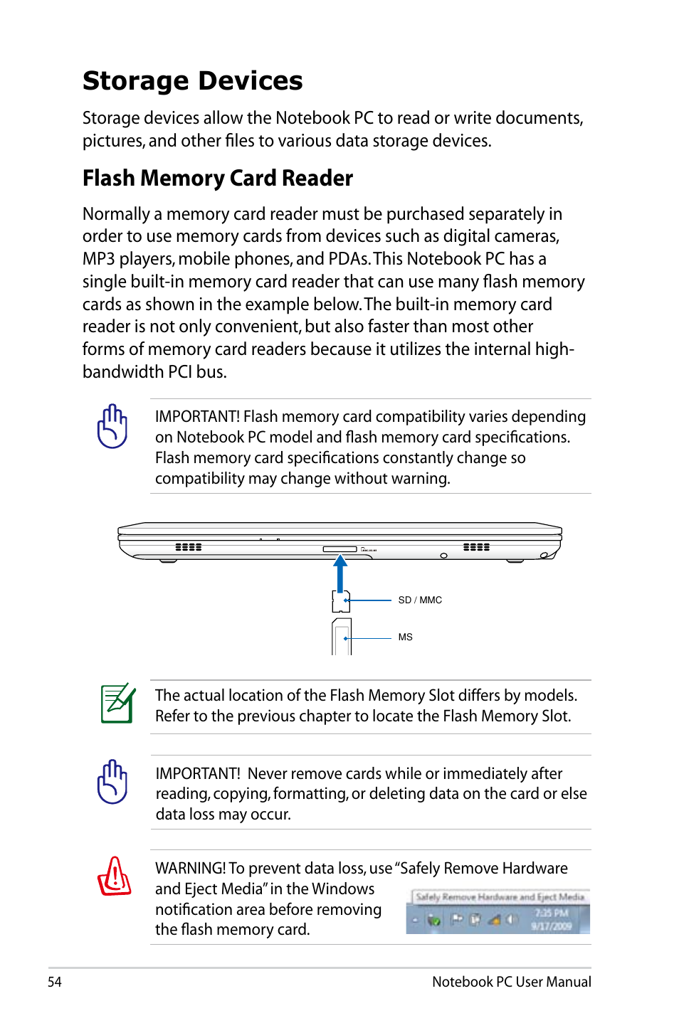 Storage devices, Flash memory card reader | Asus U47VC User Manual | Page 54 / 108