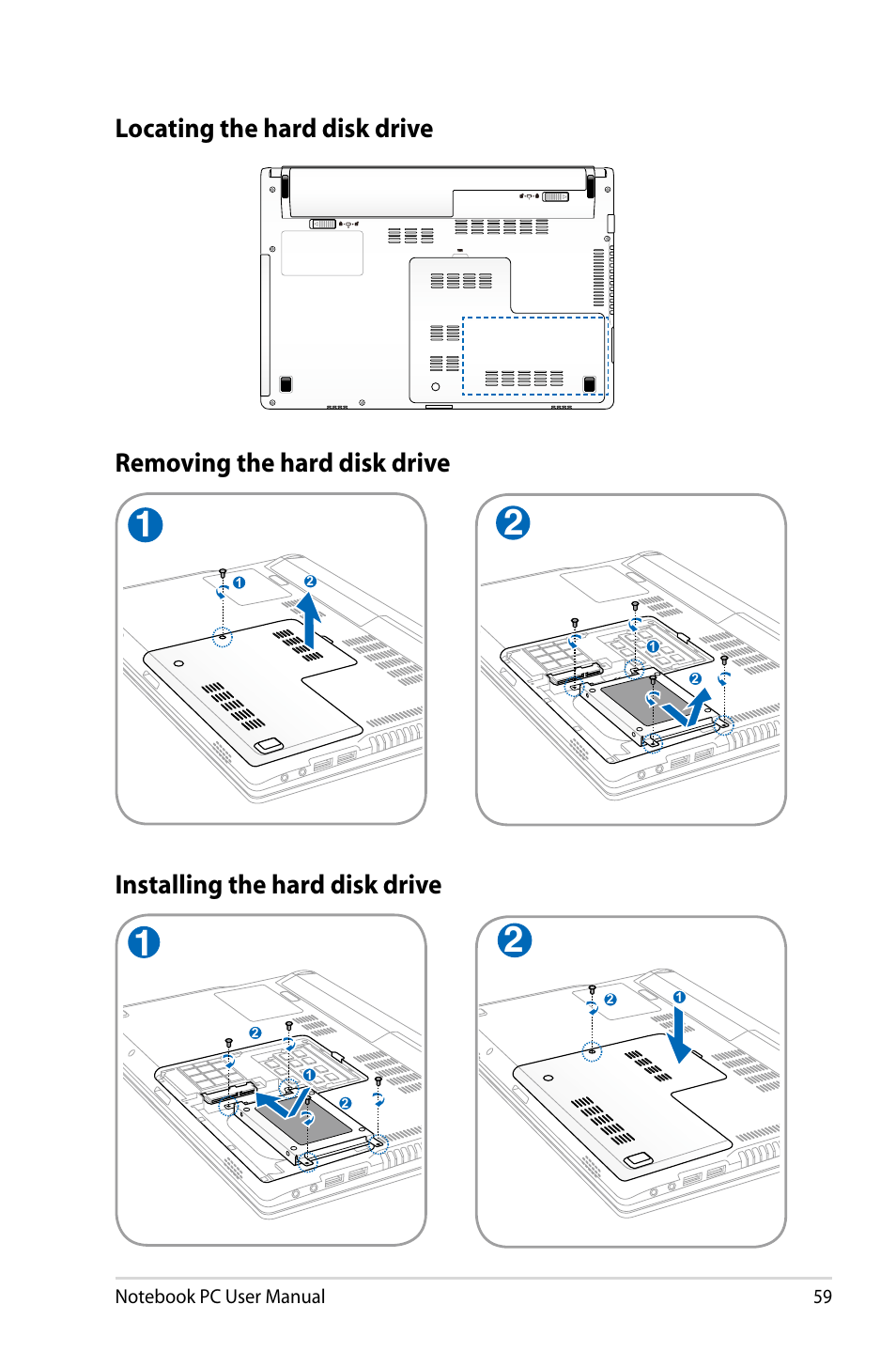 Locating the hard disk drive | Asus U47VC User Manual | Page 59 / 108