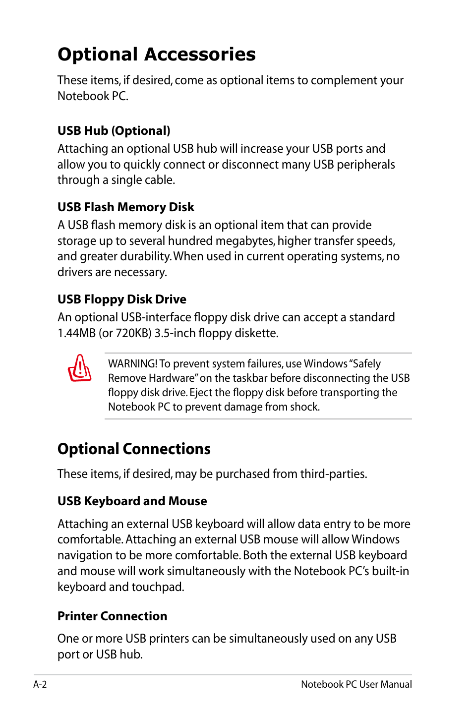 Optional accessories, Optional connections | Asus U47VC User Manual | Page 72 / 108