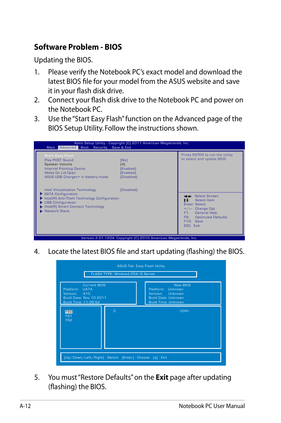 Software problem - bios | Asus U47VC User Manual | Page 82 / 108