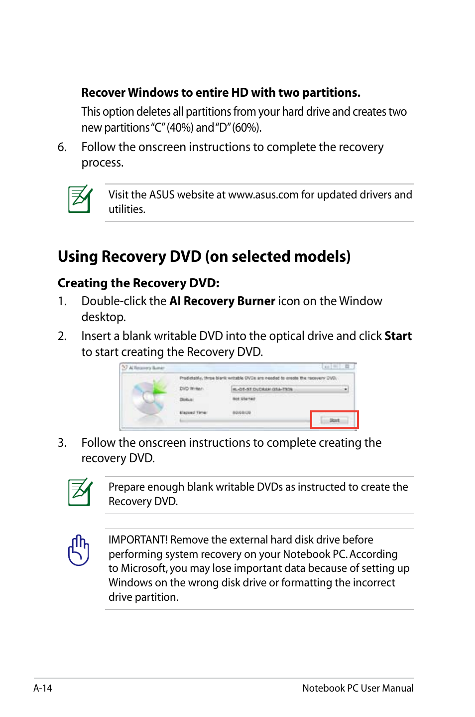 Using recovery dvd (on selected models) | Asus U47VC User Manual | Page 84 / 108