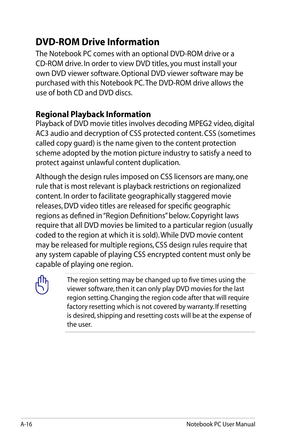 Dvd-rom drive information | Asus U47VC User Manual | Page 86 / 108