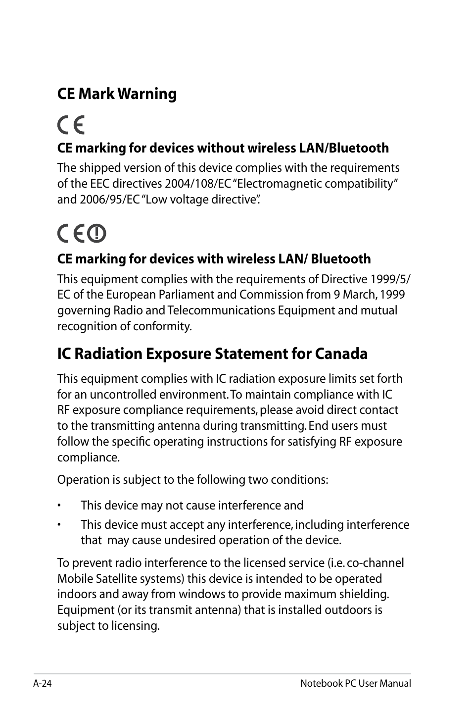 Ce mark warning, Ic radiation exposure statement for canada | Asus U47VC User Manual | Page 94 / 108