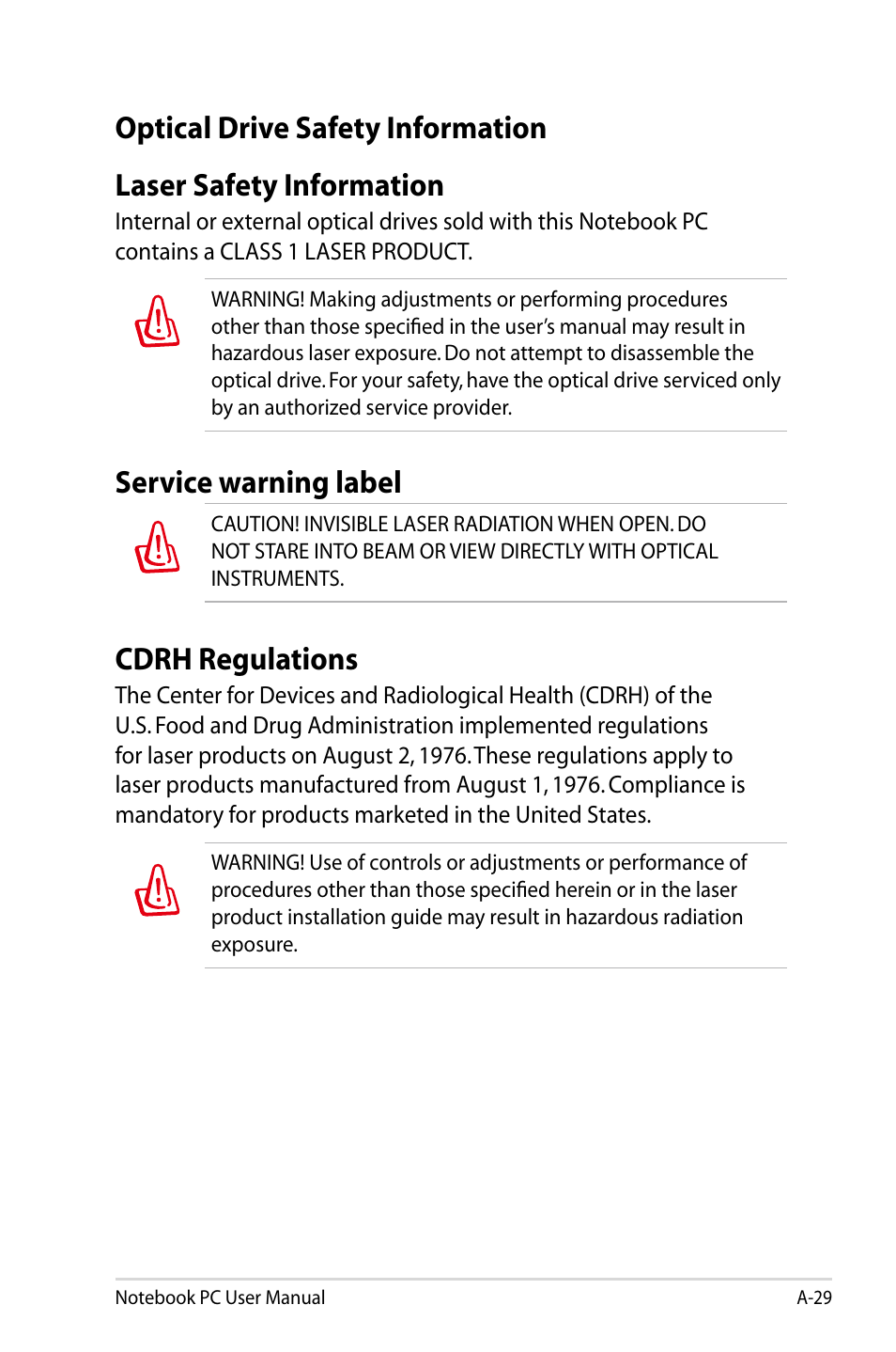 Optical drive safety information, Laser safety information, Service warning label | Cdrh regulations | Asus U47VC User Manual | Page 99 / 108