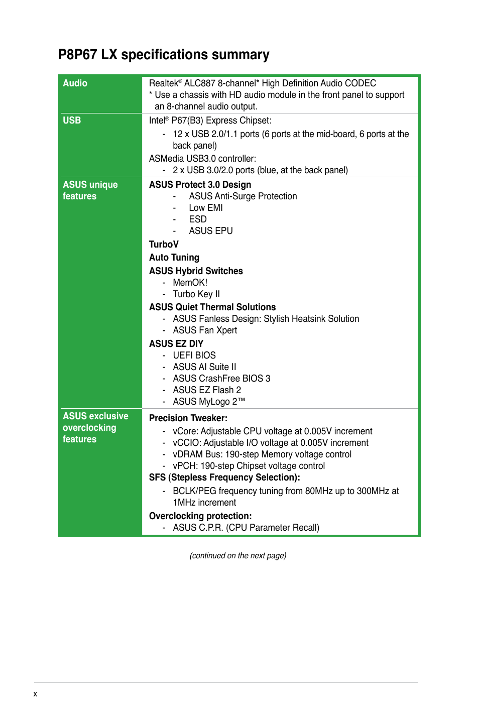 P8p67 lx specifications summary | Asus P8P67 LX User Manual | Page 10 / 77