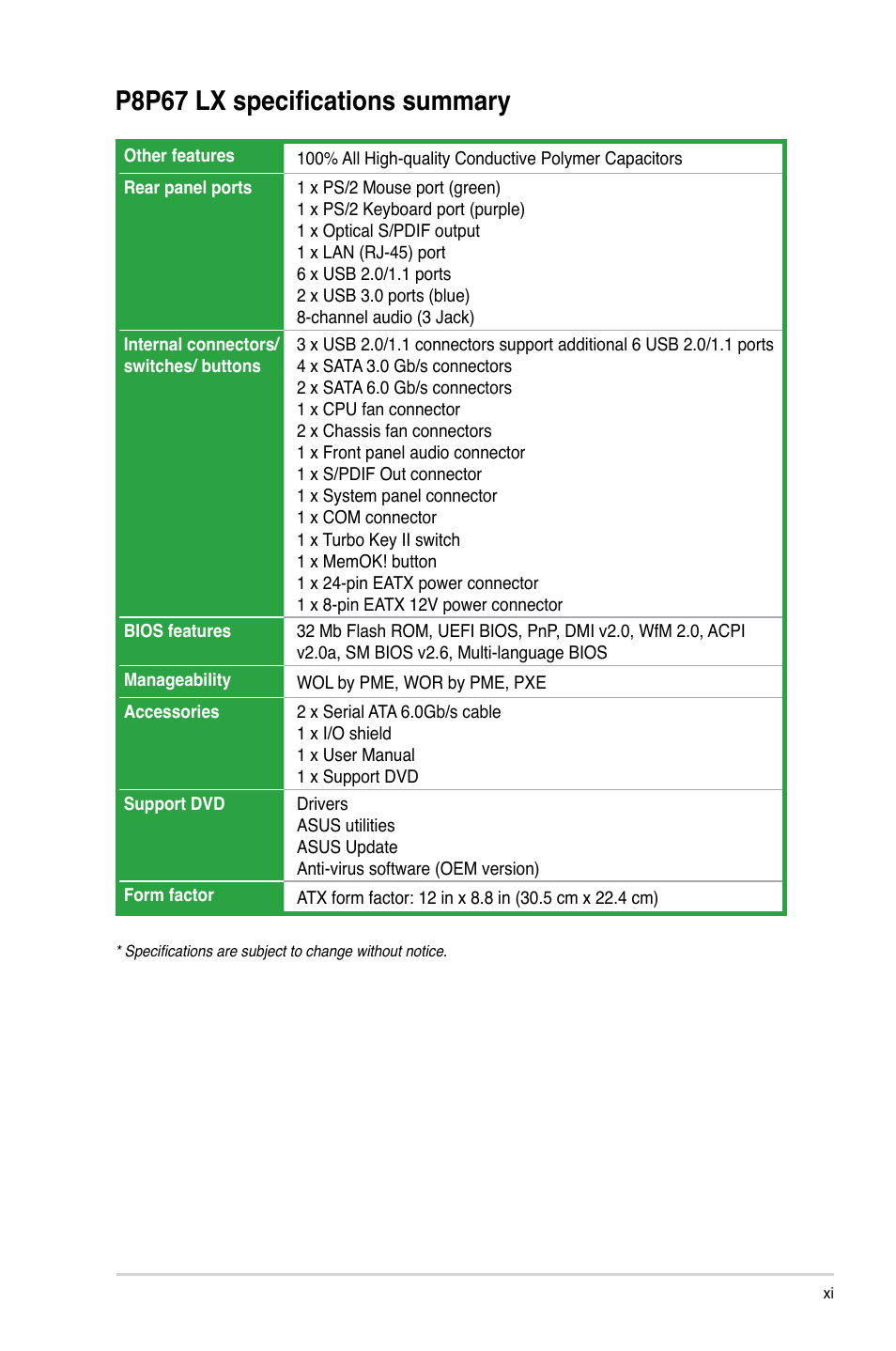 P8p67 lx specifications summary | Asus P8P67 LX User Manual | Page 11 / 77