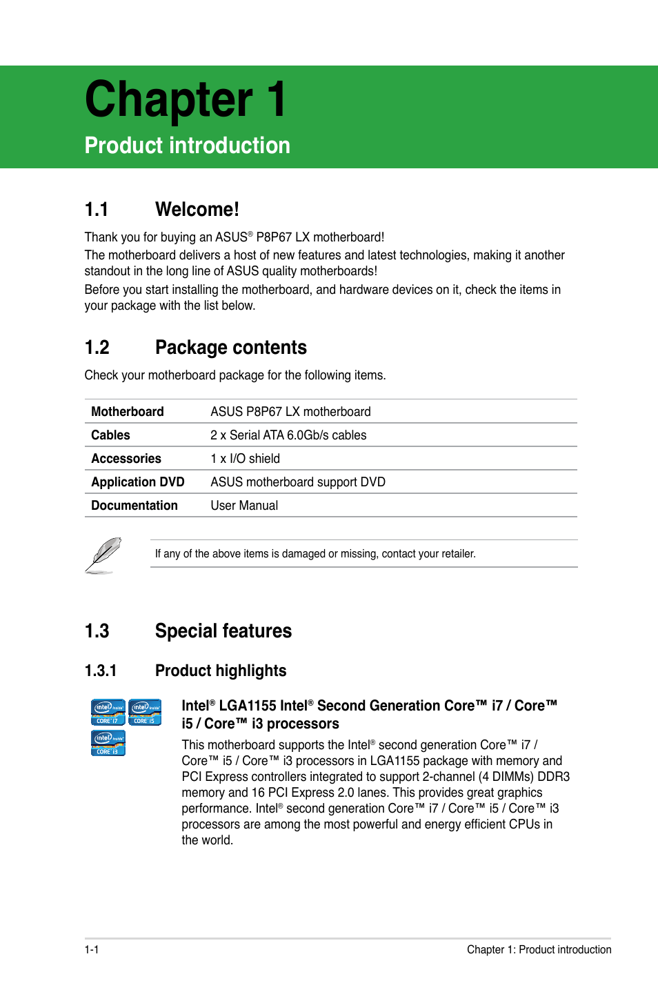 Chapter 1, Product introduction, 3 special features | 1 welcome, 2 package contents | Asus P8P67 LX User Manual | Page 12 / 77