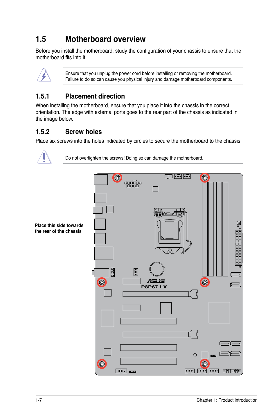 5 motherboard overview, 1 placement direction, 2 screw holes | Asus P8P67 LX User Manual | Page 18 / 77