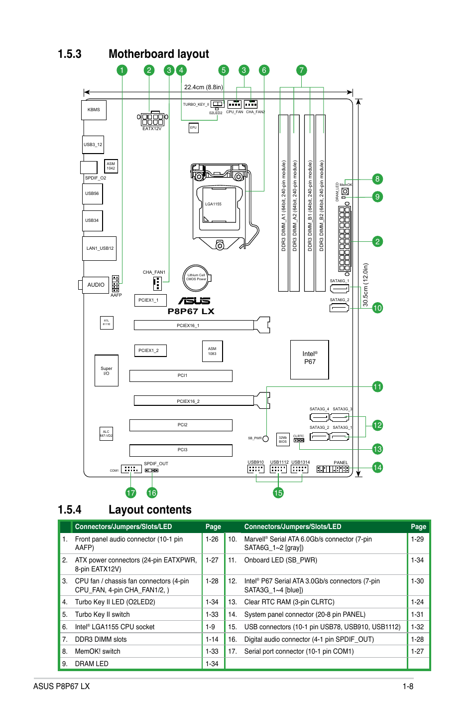 3 motherboard layout, 4 layout contents, P8p67 lx | Asus P8P67 LX User Manual | Page 19 / 77