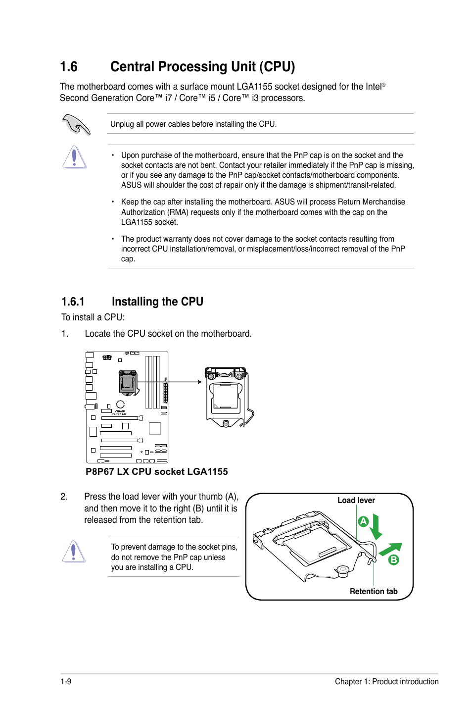 6 central processing unit (cpu), 1 installing the cpu | Asus P8P67 LX User Manual | Page 20 / 77