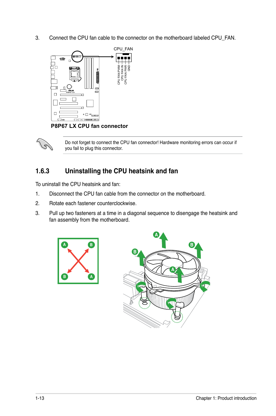 3 uninstalling the cpu heatsink and fan, P8p67 lx cpu fan connector | Asus P8P67 LX User Manual | Page 24 / 77