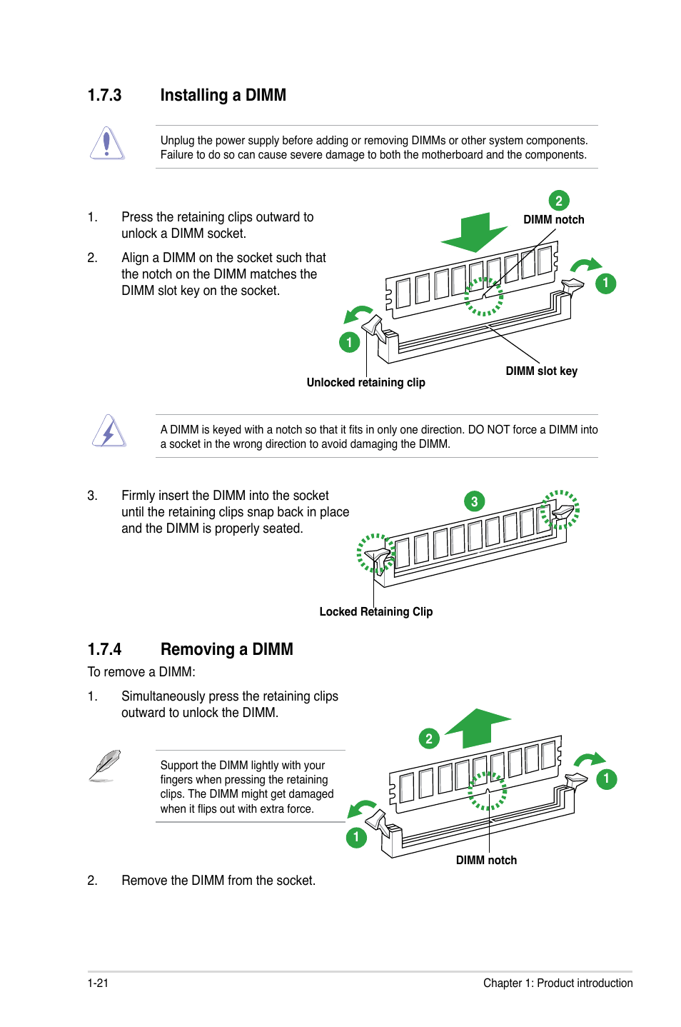 3 installing a dimm, 4 removing a dimm | Asus P8P67 LX User Manual | Page 32 / 77