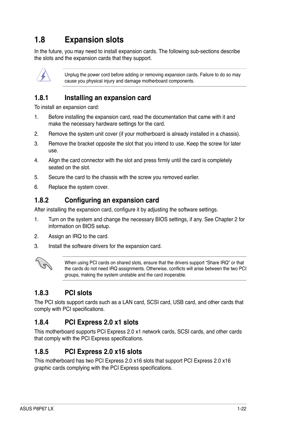 8 expansion slots, 1 installing an expansion card, 2 configuring an expansion card | 3 pci slots, 4 pci express 2.0 x1 slots | Asus P8P67 LX User Manual | Page 33 / 77