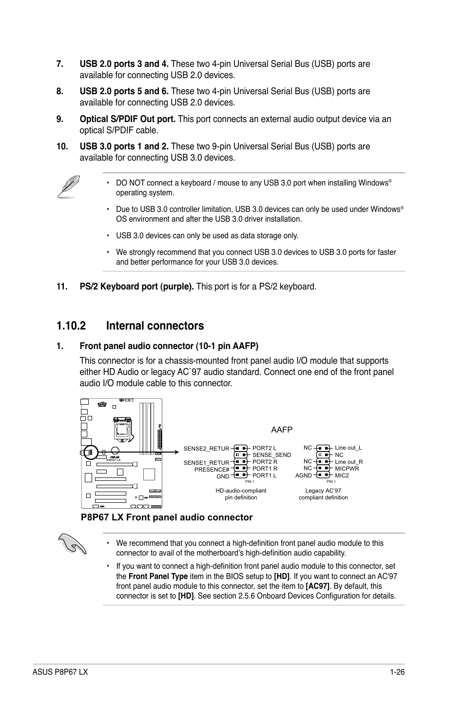 2 internal connectors, P8p67 lx front panel audio connector | Asus P8P67 LX User Manual | Page 37 / 77